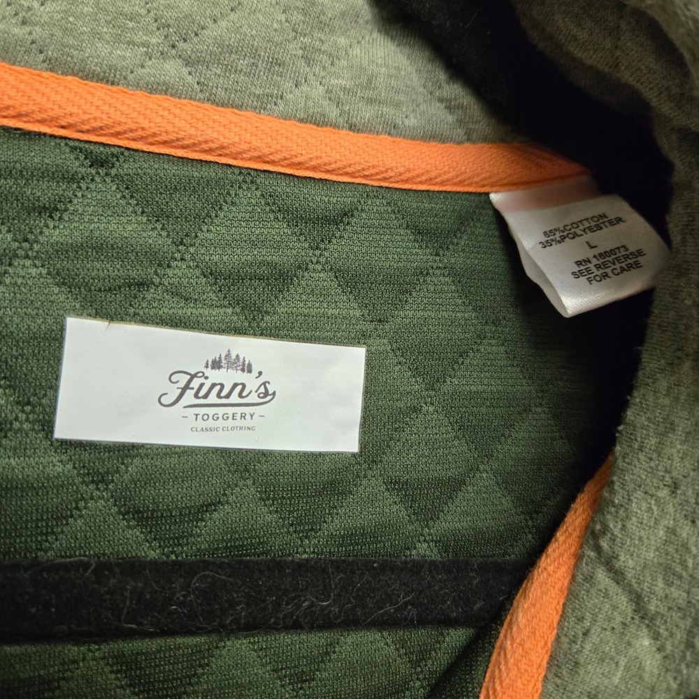 Finn's Toggery Quilted Snap Neck Pullover Sweatshirt L Olive Green Kangaroo Pkt - Picture 4 of 10